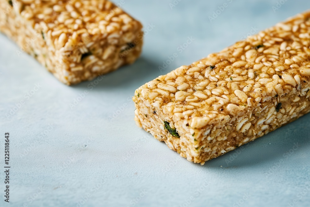 A food influencer focused on branding, marketing, and promotions. Nutty snack bars on a blue background. A food influencer focused on branding, marketing, and promotions. Nutty snack bars on a blue background.