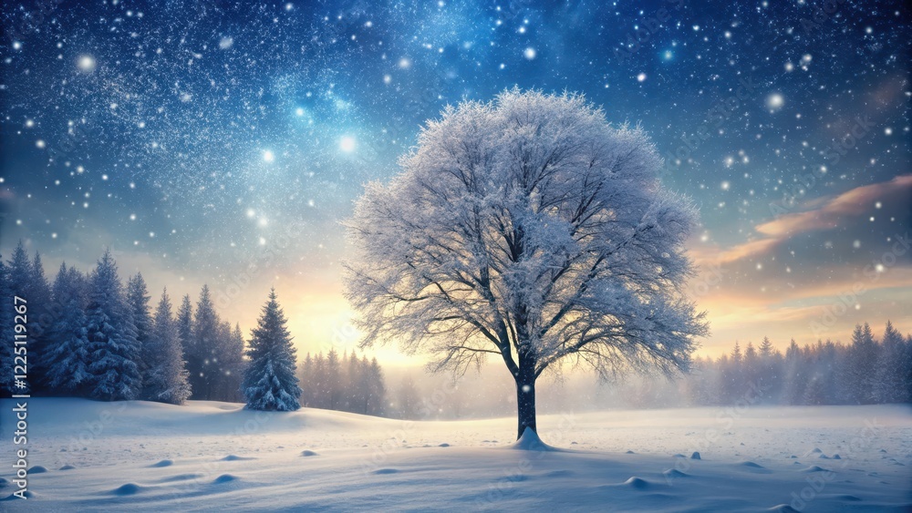 tree in winter landscape with snowfall in late evening tree in winter landscape with snowfall in late evening