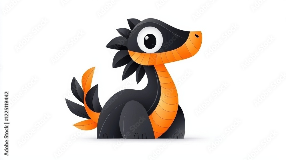 Fototapeta premium Cute and Playful Cartoon Dragon Character with Black and Orange Colors on a White Background