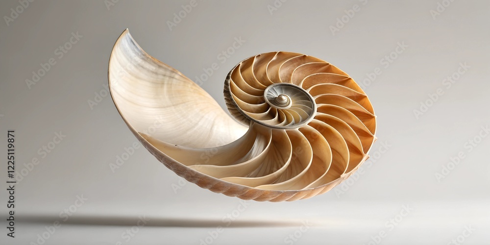 Obraz premium A beautifully detailed nautilus shell floating in mid-air, showcasing its intricate spiral structure and natural texture. A perfect concept for marine life, nature, and mathematical symmetry