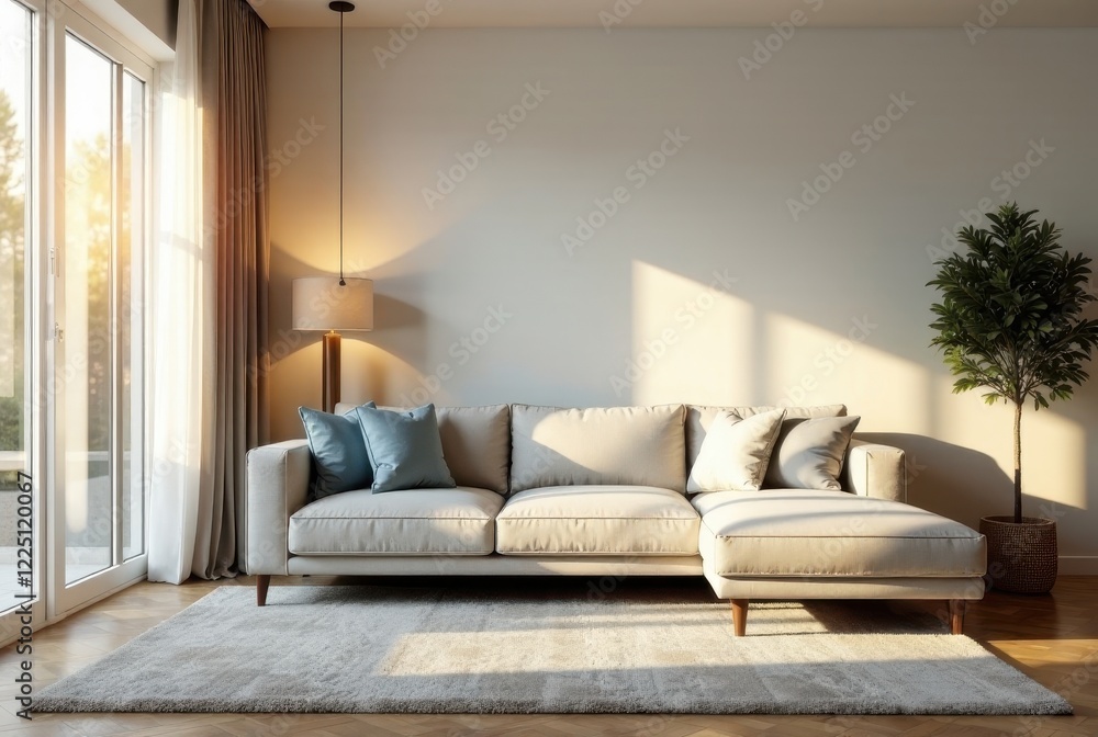 Fototapeta premium Sunlight streams through a large window illuminating a plush sectional sofa and area rug in a minimalist living room