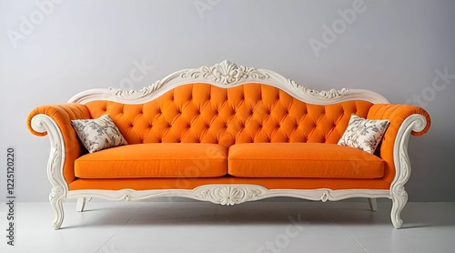 Elegant orange sofa with white carved wooden frame	
 photo