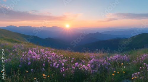 Mountain Sunrise with Wildflowers background