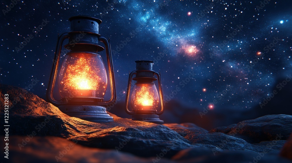 Night Sky Serenity: Illuminated Lanterns Under a Starry Galaxy Night Sky Serenity: Illuminated Lanterns Under a Starry Galaxy