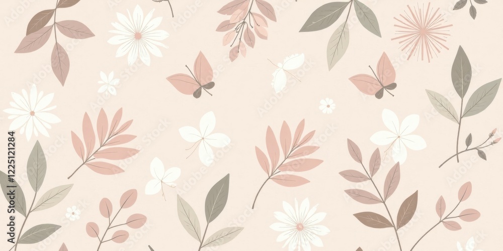 Elegant Pastel Floral and Butterfly Pattern Design Featuring Delicate Blossoms and Branches Elegant Pastel Floral and Butterfly Pattern Design Featuring Delicate Blossoms and Branches