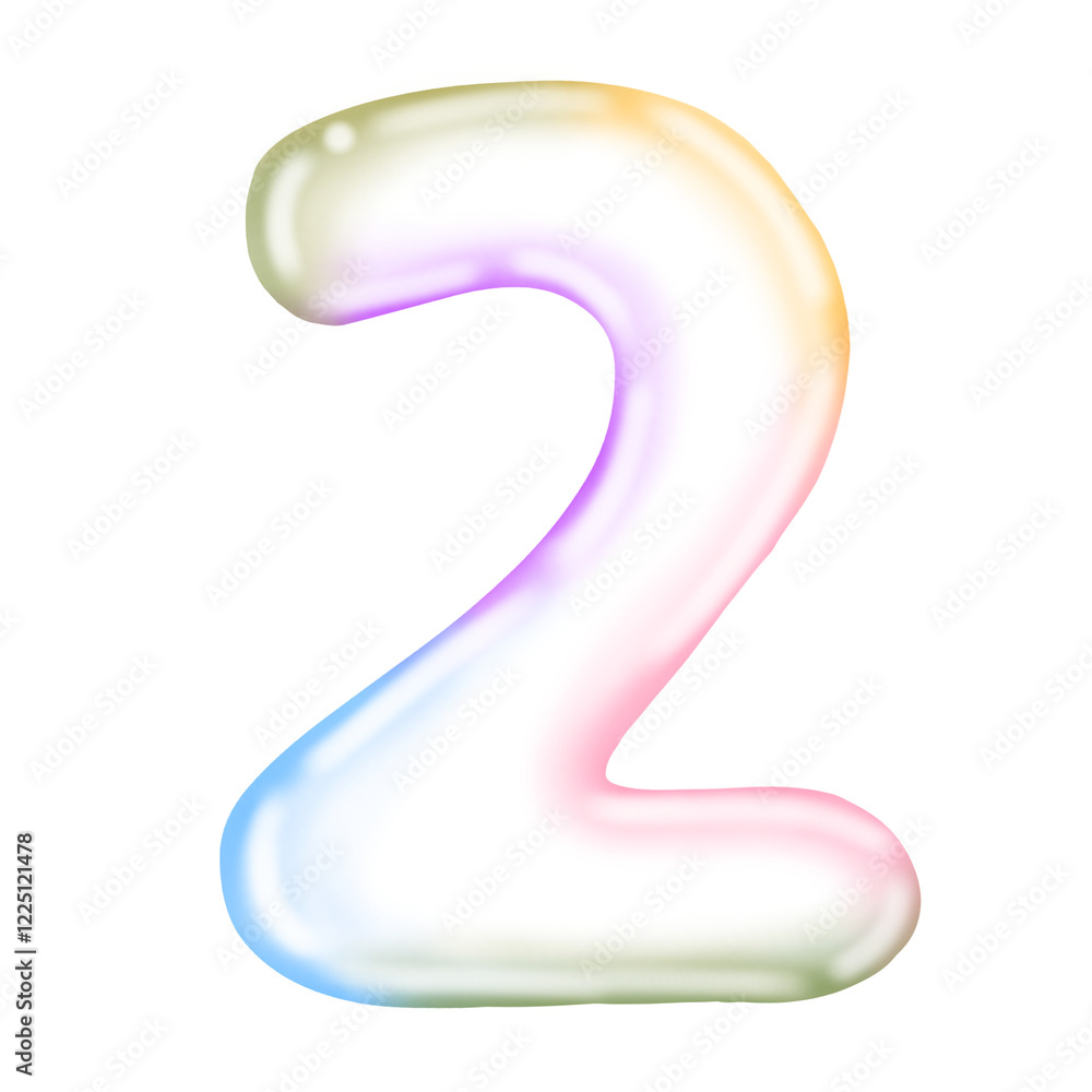 Transparent rainbow colored bubbles. Number two 2 isolated on white background. Transparent rainbow colored bubbles. Number two 2 isolated on white background.