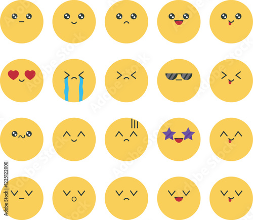 Vector Emoji Set with Different Reactions for Social Network Isolated on White Background. Modern Emoticons Collection in Flat Style Design
