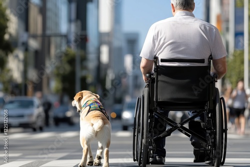 A poignant scene where a man in a wheelchair enjoys a walk with his loyal dog, showcasing the bond between them while navigating a lively urban environment. photo