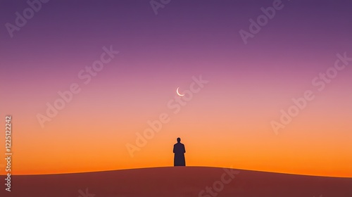 silhouette of man praying at sunset on desert dune with crescent moon rising in distance