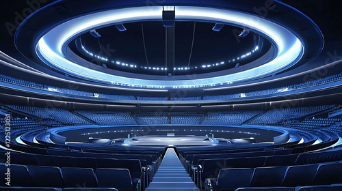 Modern arena with blue lighting and tiered seating in a futuristic design for a large event