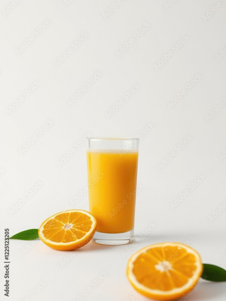 Freshly squeezed orange juice in a glass on a minimalist white background , juice, white Freshly squeezed orange juice in a glass on a minimalist white background , juice, white