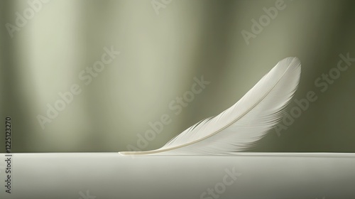 single feather resting gently on white surface with soft lighting emphasizing its delicate details photo