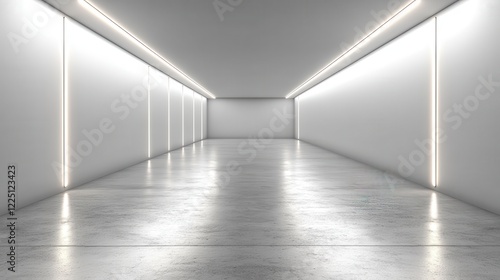 Empty white room with bright lights  concrete floor reflecting light  sleek minimalist design  modern architecture  clean lines  spacious interior