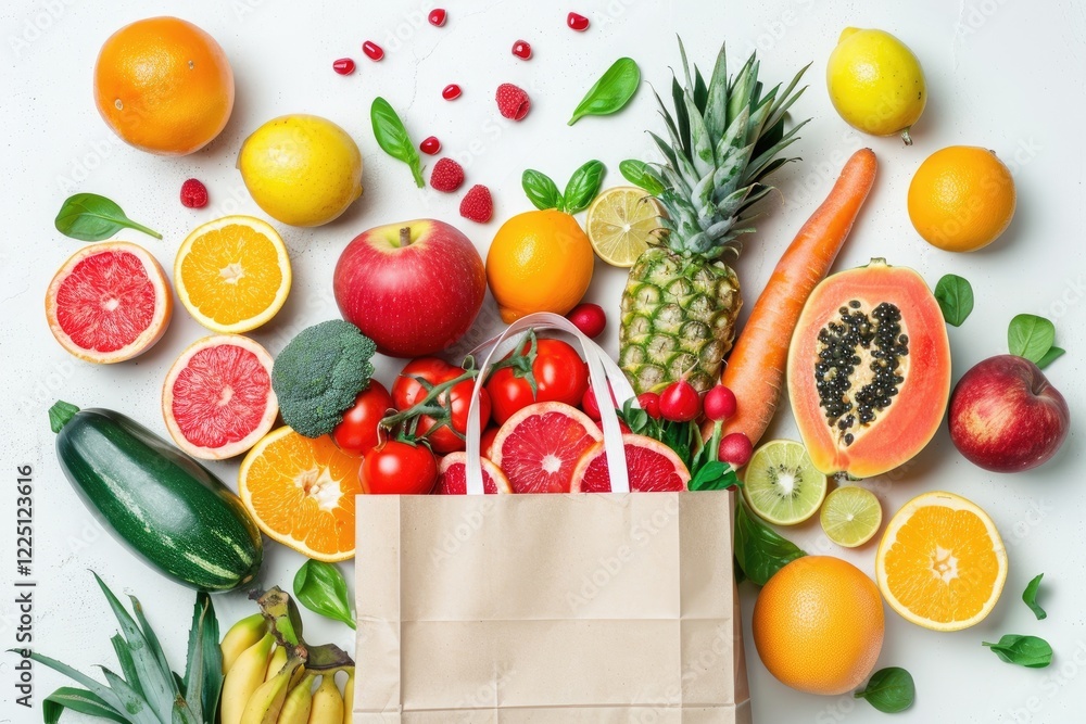 Φωτογραφία Supermarket paper bag full of healthy fruits and vegetables on top of the white