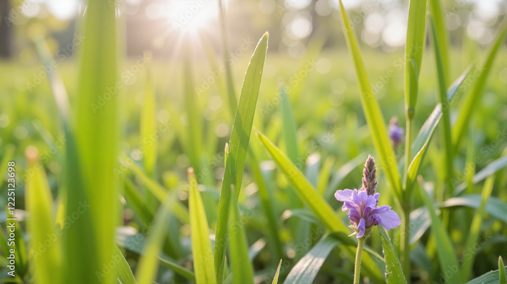 Close-up of grass blades with tiny purple flower Close-up of grass blades with tiny purple flower