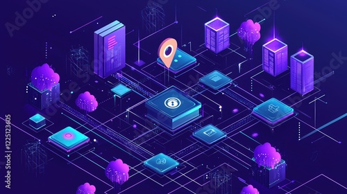 Isometric network with servers clouds and location pin on a dark purple background
