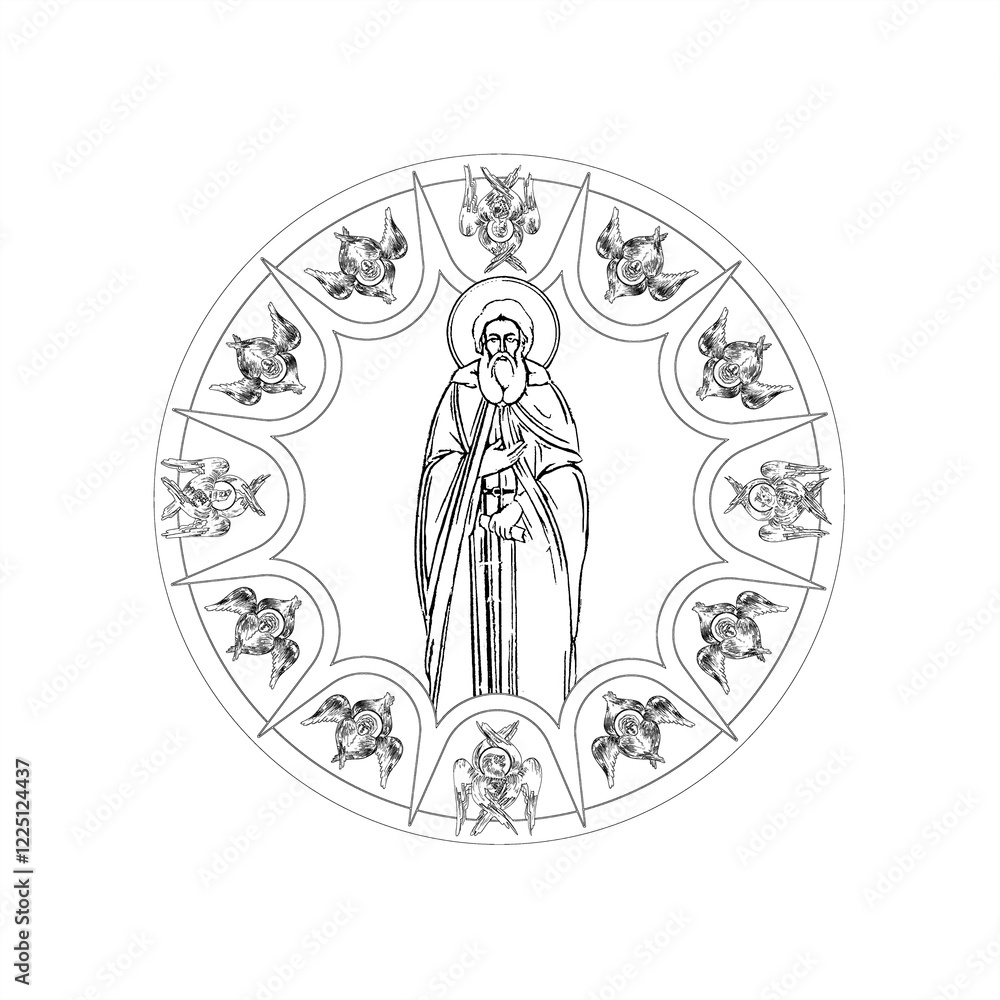 Obraz premium Sergius of Radonezh (name english) sky round dome with 4 apostles and seraphim. Coloring page in Byzantine style