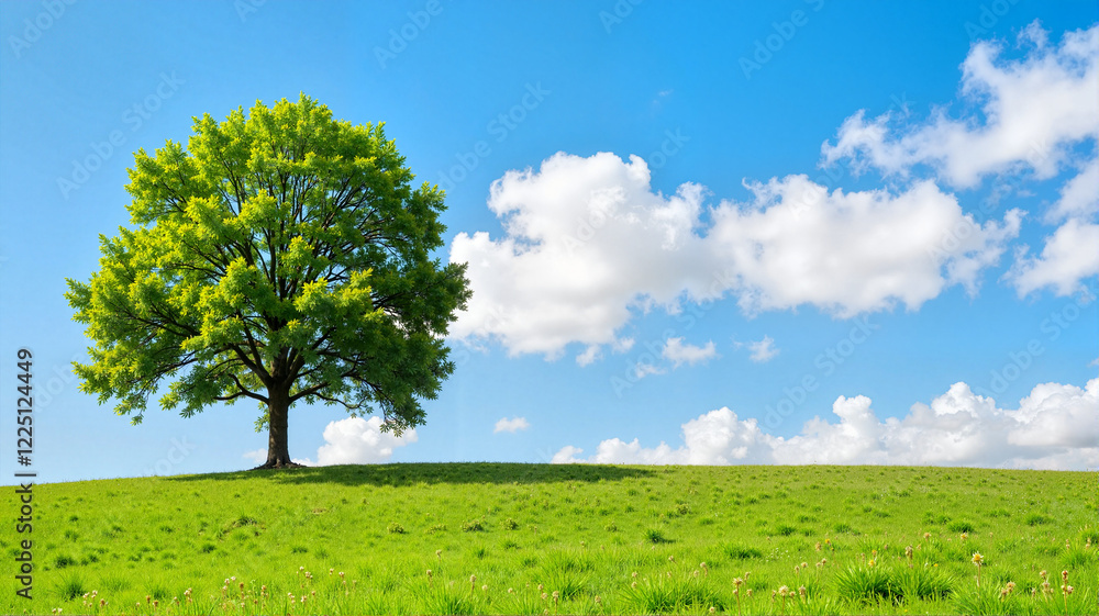 Obraz premium Lone tree on a green hill with a bright blue sky