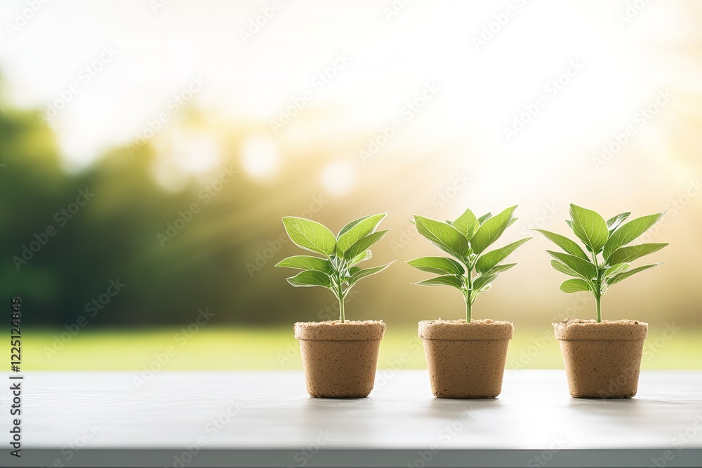 Fototapeta premium row of young plants in biodegradable pots lined up on garden table under bright morning sunlight