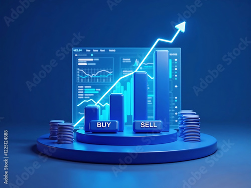 Blue bars show growth with buy and sell buttons beside coin stacks. Fits finance, investment, trading, and cryptocurrency concepts.