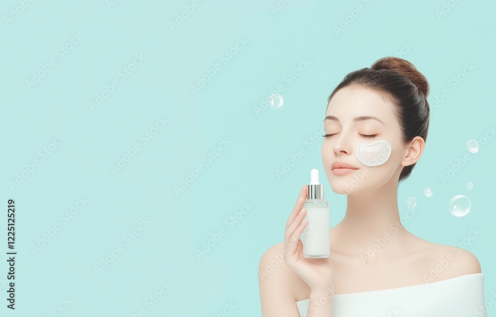 Radiant woman with serum and skincare mask against soft aqua background a tranquil moment in beauty rituals for glowing skin Radiant woman with serum and skincare mask against soft aqua background a tranquil moment in beauty rituals for glowing skin