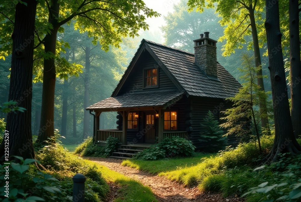 Secluded Log Cabin Nestled Amidst a Tranquil Forest, Bathed in the Soft Light of Dawn's Embrace Secluded Log Cabin Nestled Amidst a Tranquil Forest, Bathed in the Soft Light of Dawn's Embrace