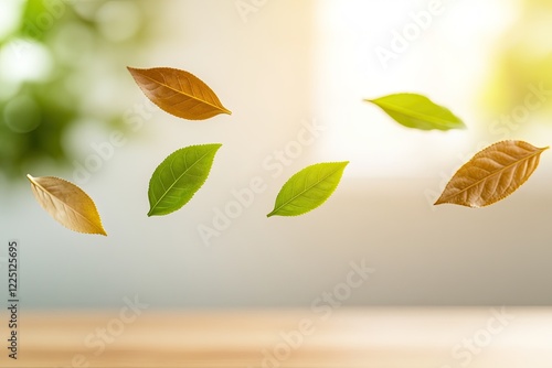 creative composition of floating herbal tea leaves in soft pastel tones arranged in dynamic circular pattern