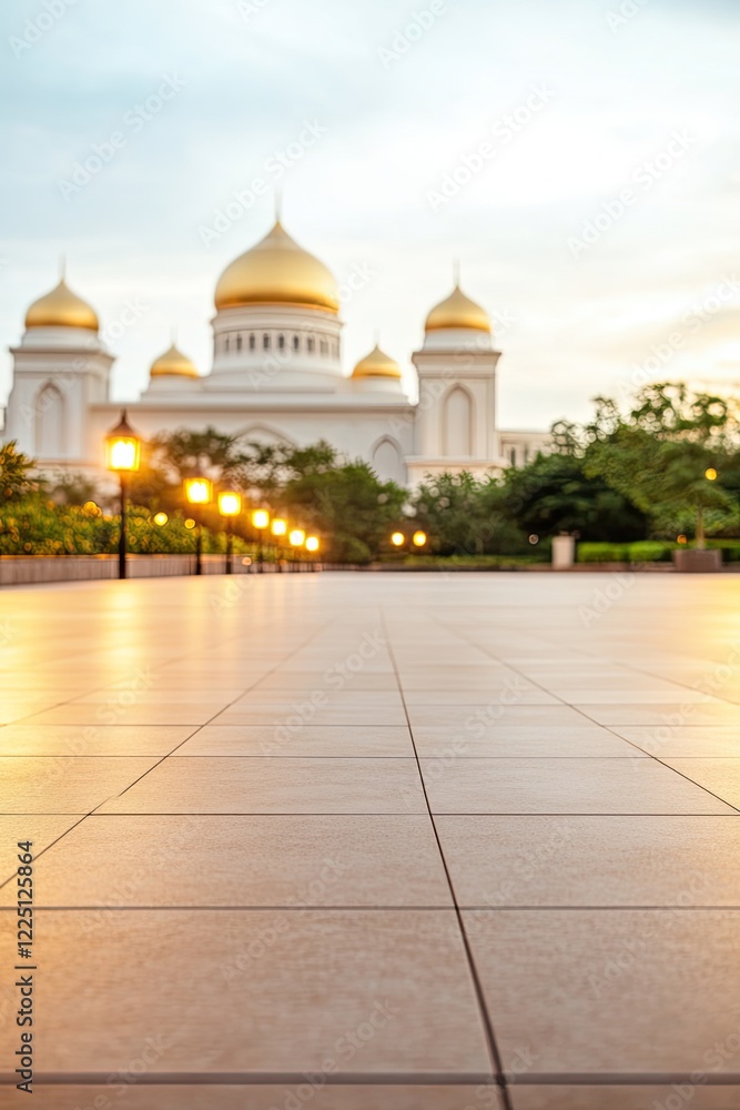 Fototapeta premium quiet courtyard at dusk featuring beautifully lit mosque with intricate details and golden domes