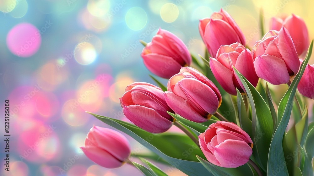Fototapeta premium A stunning closeup reveals a bouquet of pink tulips blooming beautifully in a serene garden. Rays of sunlight dance over the petals, creating a magical atmosphere filled with color
