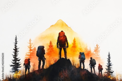 A soft watercolor painting of a mountain climber standing on a peak, their silhouette glowing in the golden sunrise as a group of smaller climbers looks up in admiration photo