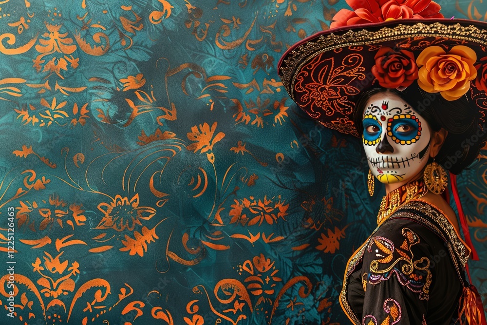 Naklejka premium Day of the dead rule of thirds, corner right side placed, and blank banner template without text , on the extreme right third of an image, rule of thirds, corner right side placed, 
