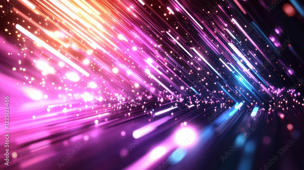 Obraz premium Abstract background with dynamic streaks of light in vibrant purple, pink, orange, and blue hues. Glowing particles and a sense of motion are