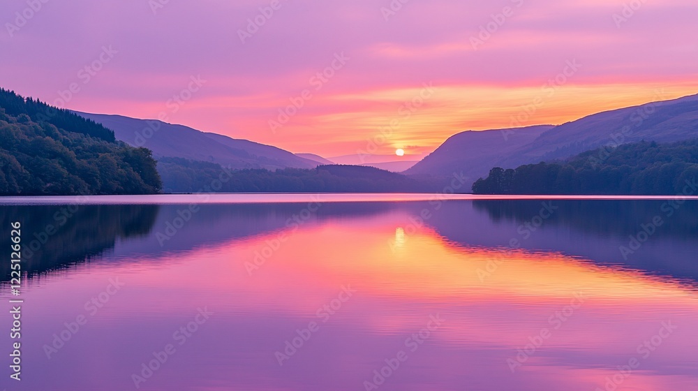 Serene sunset over a tranquil lake surrounded by mountains, reflecting vibrant colors in the water Serene sunset over a tranquil lake surrounded by mountains, reflecting vibrant colors in the water