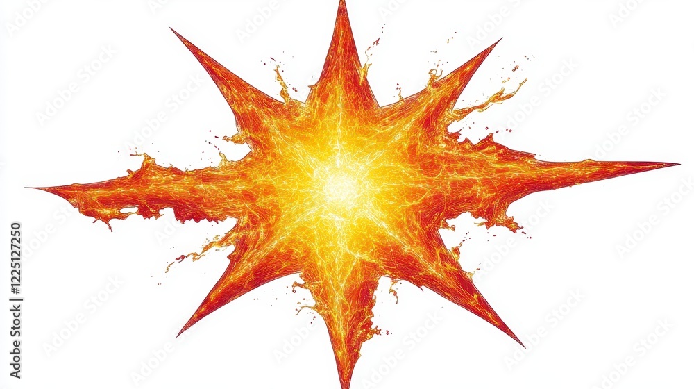 Abstract image of a fiery starburst, radiating warm colors of orange and yellow against a white background. The starburst has eight points and a Abstract image of a fiery starburst, radiating warm colors of orange and yellow against a white background. The starburst has eight points and a