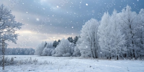 Wallpaper Mural Frosty morning scene with snowflakes gently falling on a frozen forest, quiet dawn, snow covered trees, snowflakes falling Torontodigital.ca