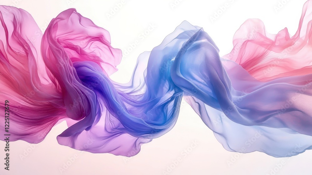 Abstract image of flowing pastel fabric in shades of pink, purple, and blue against a white background. The fabric is translucent, creating a soft Abstract image of flowing pastel fabric in shades of pink, purple, and blue against a white background. The fabric is translucent, creating a soft