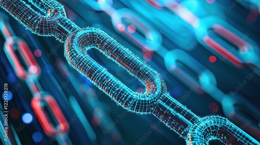 Abstract digital chain with wireframe effect and glowing nodes on a dark blue background Abstract digital chain with wireframe effect and glowing nodes on a dark blue background
