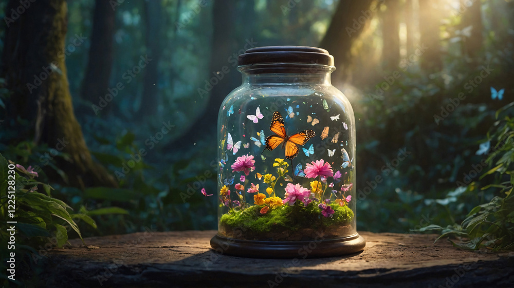 Mystical Forest Jar Filled with Butterflies and Vibrant Flowers in a Natural Spring Landscape wallpaper aesthetic for social media Mystical Forest Jar Filled with Butterflies and Vibrant Flowers in a Natural Spring Landscape wallpaper aesthetic for social media