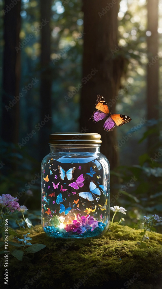 Mystical Forest with Enchanted Glass Jar Containing Butterflies and Spring Flowers in Full Bloom wallpaper aesthetic for social media Mystical Forest with Enchanted Glass Jar Containing Butterflies and Spring Flowers in Full Bloom wallpaper aesthetic for social media