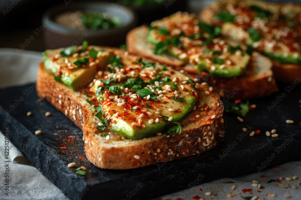 A quick and easy avocado toast with a sprinkle of chili flakes and sesame seeds A quick and easy avocado toast with a sprinkle of chili flakes and sesame seeds