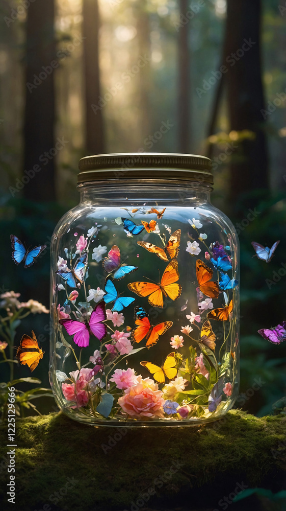Serene Forest Setting with Magical Glass Jar Containing Butterflies and Bright Springtime Flowers wallpaper aesthetic for social media Serene Forest Setting with Magical Glass Jar Containing Butterflies and Bright Springtime Flowers wallpaper aesthetic for social media