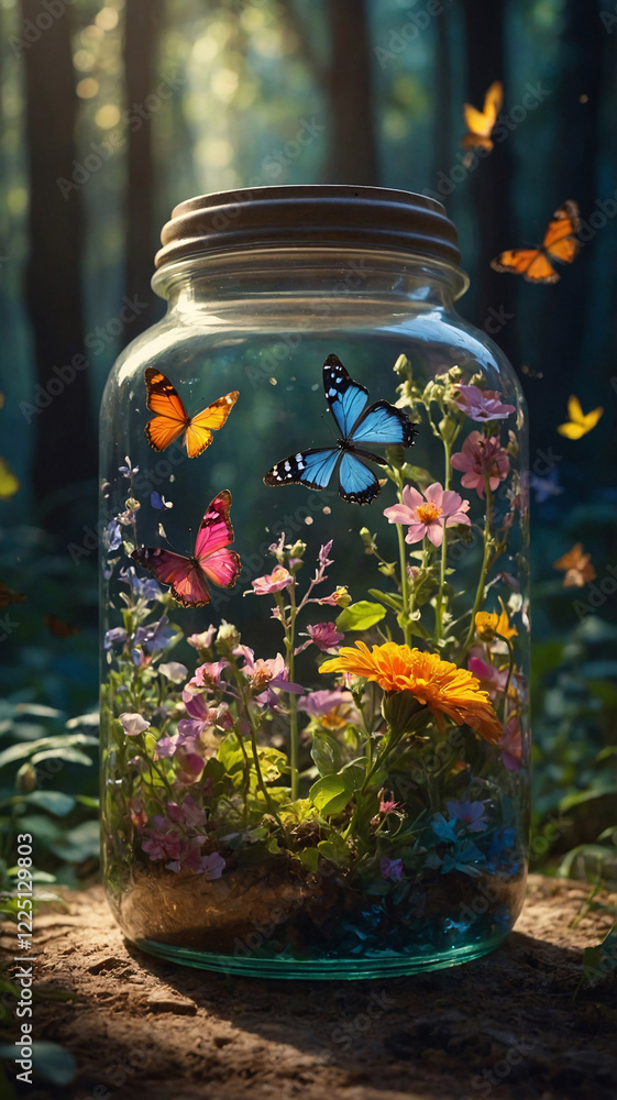 Spring Forest Magic with Glass Jar Filled with Butterflies and Colorful Flowers in a Lush Landscape wallpaper aesthetic for social media Spring Forest Magic with Glass Jar Filled with Butterflies and Colorful Flowers in a Lush Landscape wallpaper aesthetic for social media