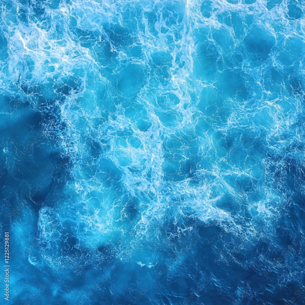 Fototapeta premium Aerial view of ocean water with white foam and blue tones creating a dynamic texture