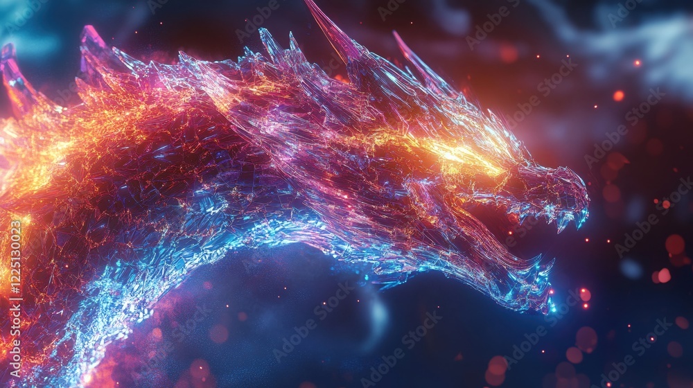 Abstract digital dragon with glowing lines and vibrant colors on a dark background Abstract digital dragon with glowing lines and vibrant colors on a dark background