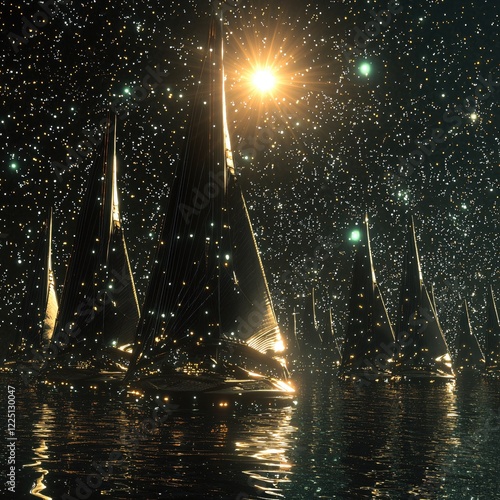 Futuristic sailboats under bright star light on dark water with reflective surface and night sky photo