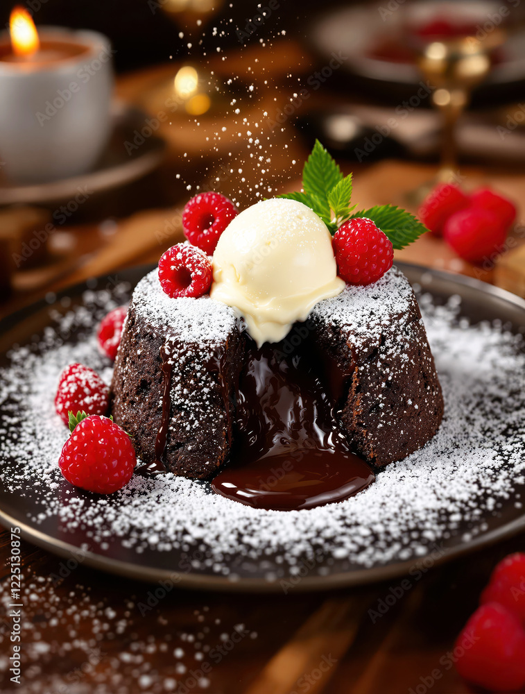 A delicious chocolate lava cake garnished with a dusting of powdered sugar, a scoop of vanilla ice cream, and a few fresh raspberries. A delicious chocolate lava cake garnished with a dusting of powdered sugar, a scoop of vanilla ice cream, and a few fresh raspberries.