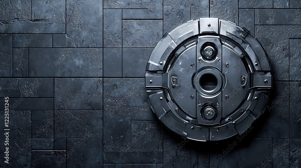 Fototapeta premium Futuristic Metal Disc on Dark Textured Wall Abstract Background Design