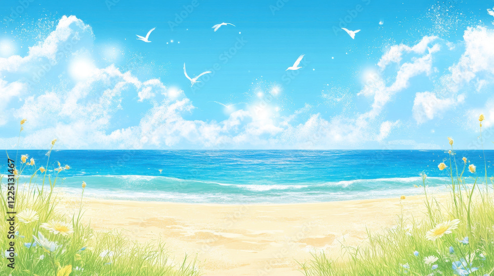Fototapeta premium serene summer beach scene with clear blue skies and gentle waves