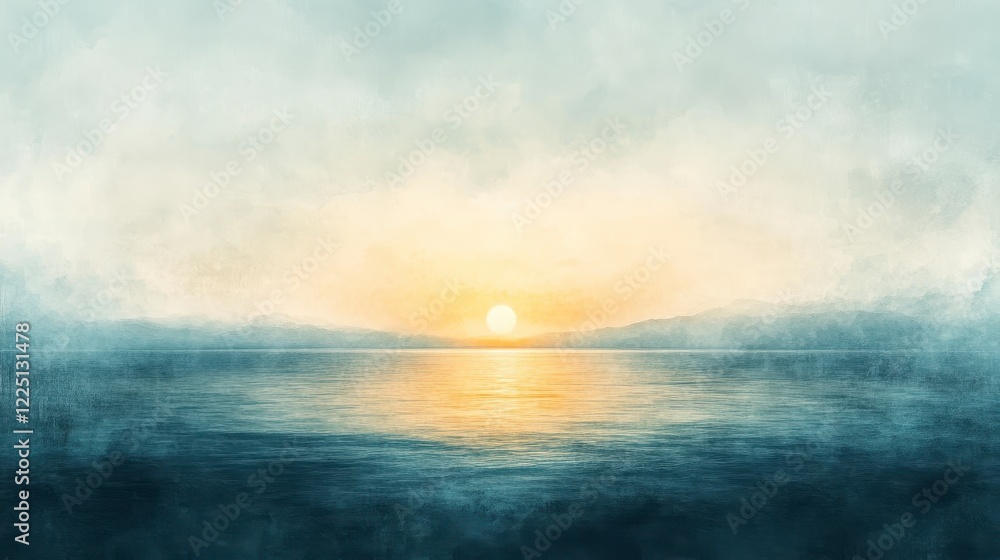 Obraz premium Serene landscape painting depicting a hazy sunset over a calm body of water. Warm yellow and orange hues of the setting sun reflect on the dark blue