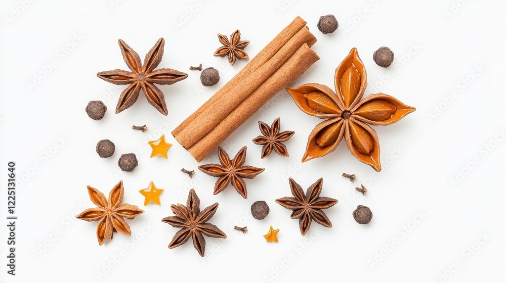 Colorful Arrangement of Spices with Cinnamon Sticks, Star Anise, and Cloves on White Background Colorful Arrangement of Spices with Cinnamon Sticks, Star Anise, and Cloves on White Background